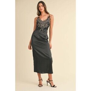 Mable Embroidered Cami Satin Midi Slit Dress